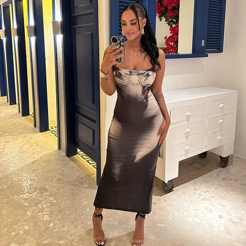 Fashion style exportstylish black and gray women's clothing color matching silm suspender skirt hip-covering one-step daily work clothing long dress
