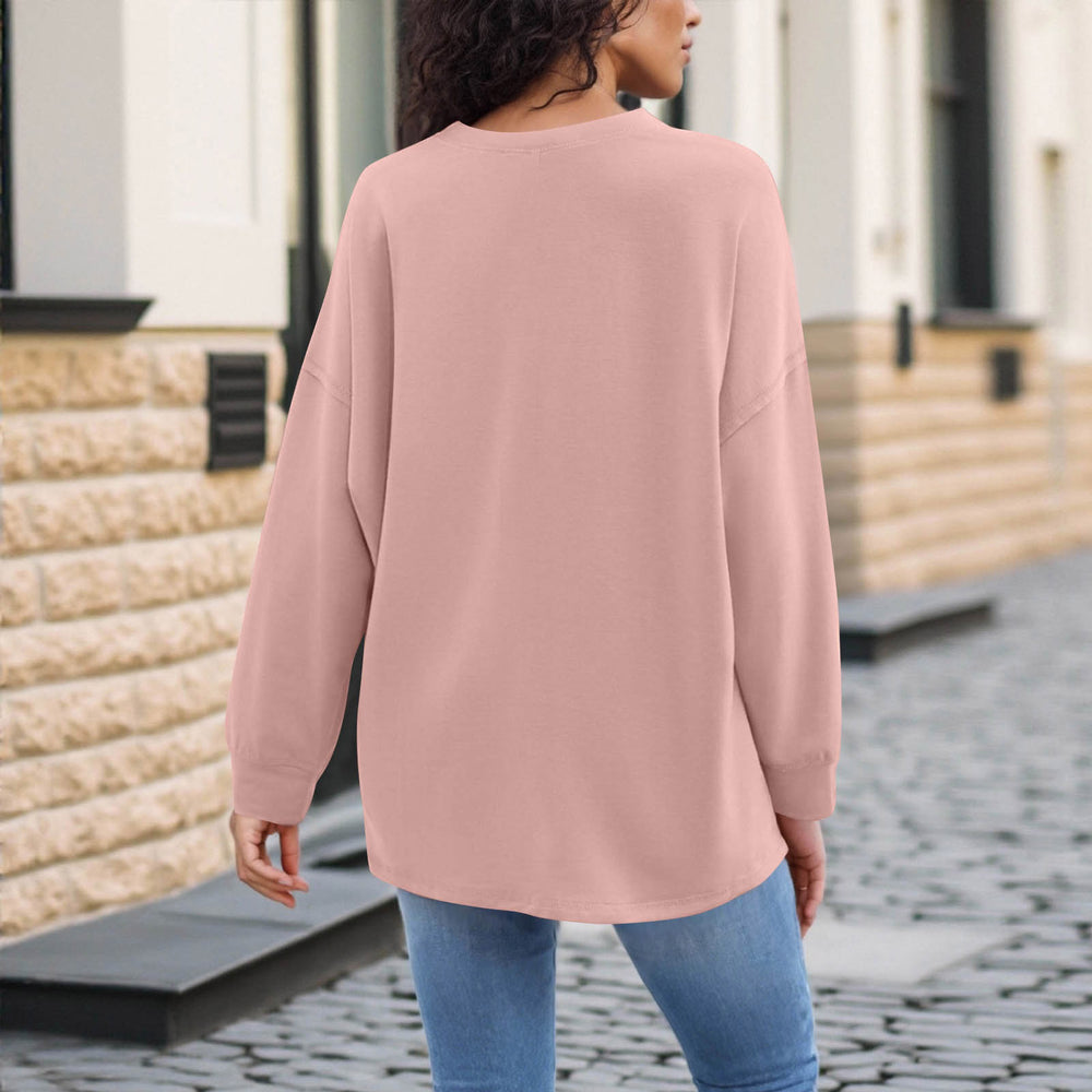 cross-border new women's fashion casual solid color v-neck long sleeve top hoodless sweatshirt