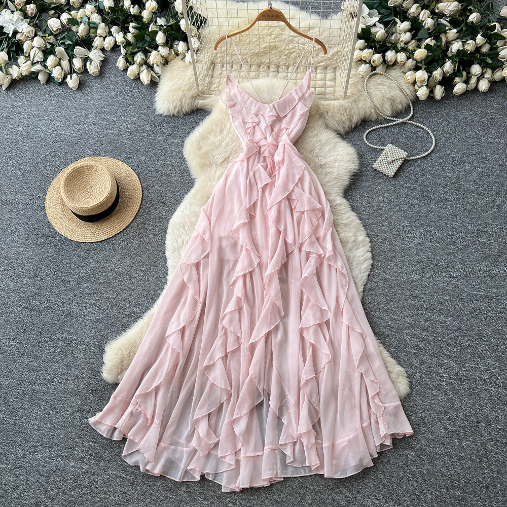 French suspender pure lust style sweet style dress women's summerruffles waist cross backless holiday style long skirt
