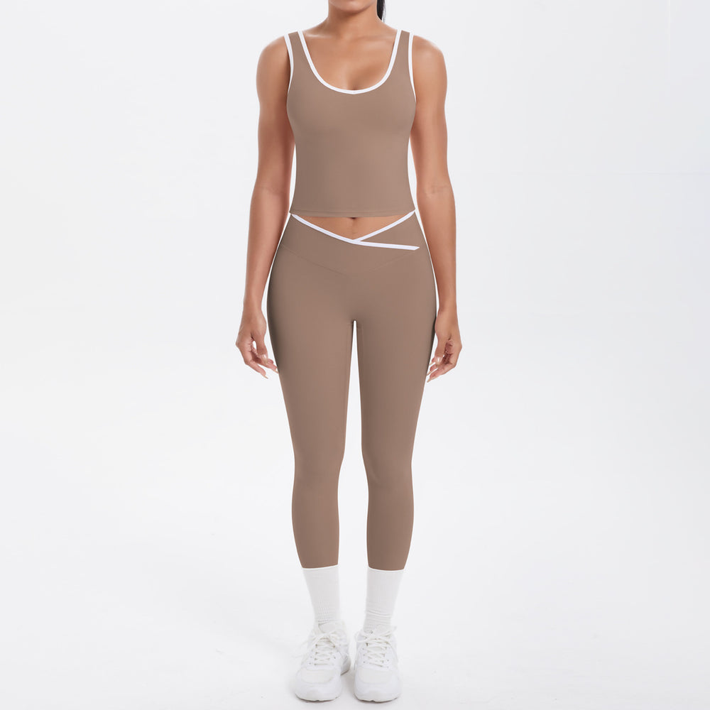 New arrivalnude contrast color sports vest yoga clothes cross high waist hip lifting tight pants suit running fitness clothes