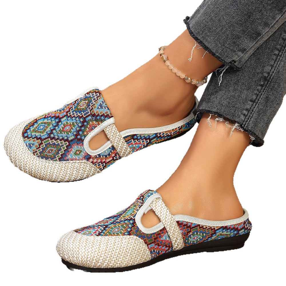 Export slip-on plus size ethnic style slip-on baotou flats slippers women's fashion round toe export flats shoes cross-border