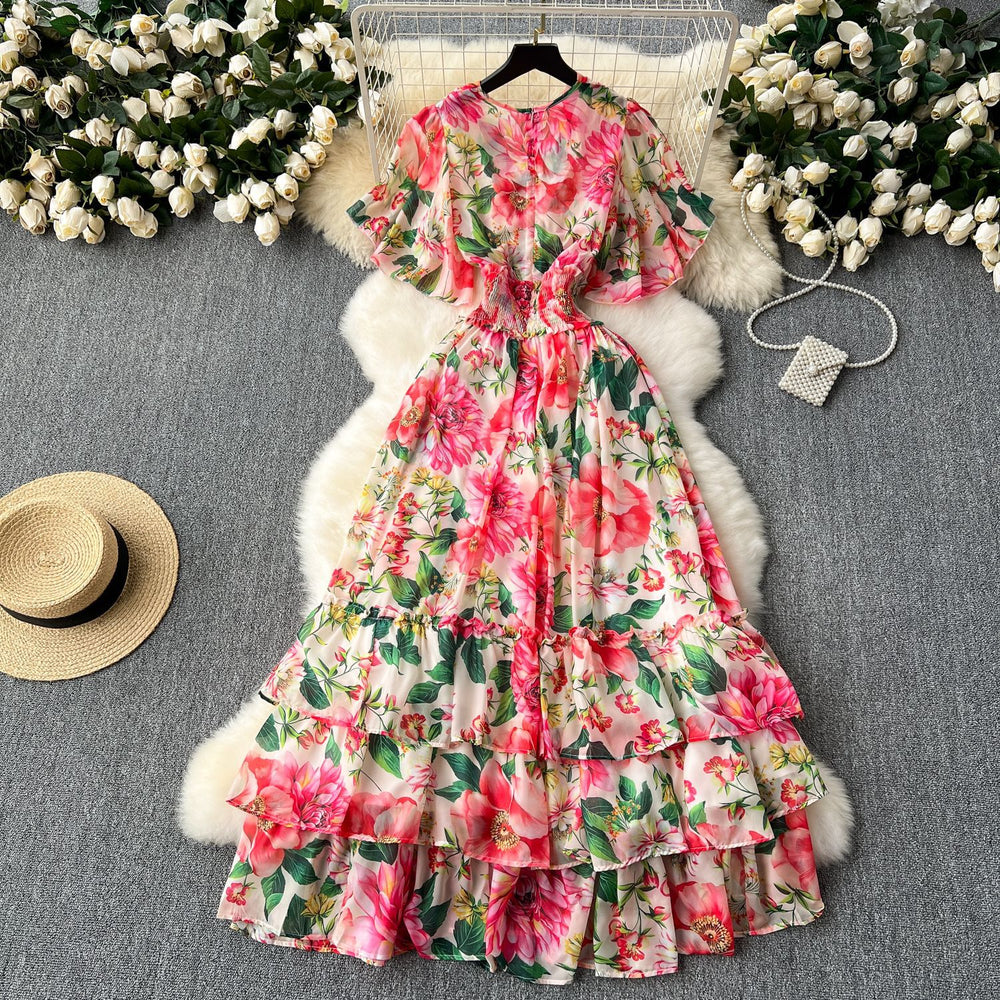 Light mature style women's resortdress2024summernew arrival waistelegant drape large swing floral chiffon skirt