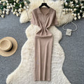 Korean style commute-ready knitted bodycon dress - women's summer short sleeve slimming a-line maxi dress - sophisticated & elegant