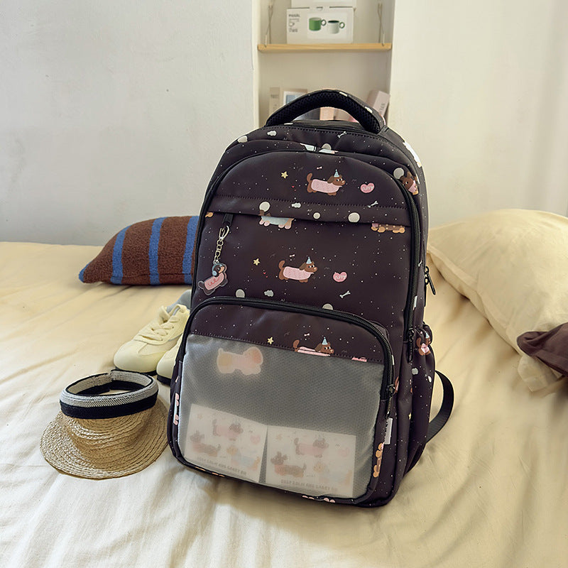 K-style cartoon dachshund dog backpack for women, large capacity, junior high school student school bag, frosted flap pocket pants, two-dimensional pain bag