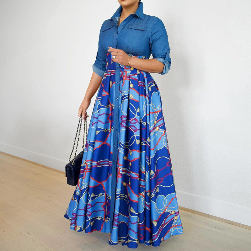Q097 independent station  foreign trade women's fashion casual elegant printed turn-down collar shirt dress cross-border dress