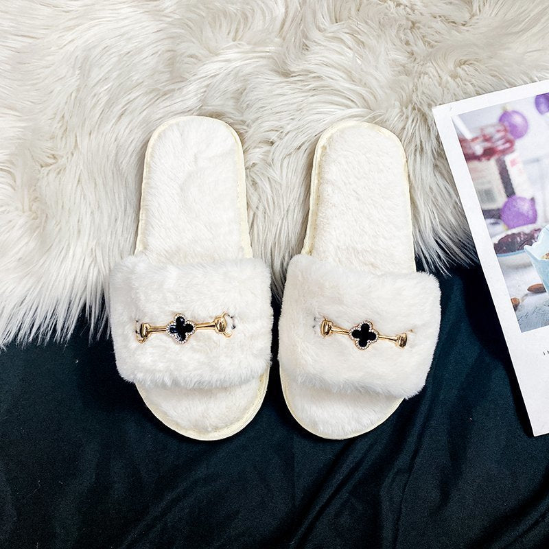 Rhinestone four seasons indoor and outdoor home slippers women's 2024 autumn and winter new flat bottom heattech furry cotton slippers women's wholesale