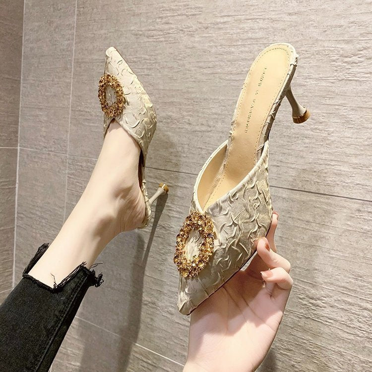 Women's summer outdoor slippers, 2023 new french style rhinestone high heel mules, stiletto heel closed-toe sandals, black