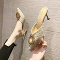 Women's summer outdoor slippers, 2023 new french style rhinestone high heel mules, stiletto heel closed-toe sandals, black
