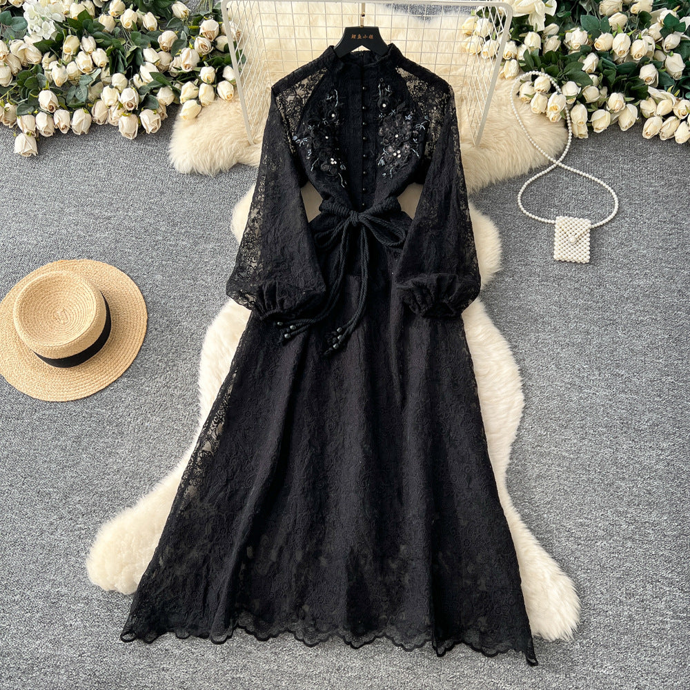French chic luxury: exquisite embellished floral embroidered mesh dress - autumn tie-waist maxi dress