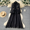 French chic luxury: exquisite embellished floral embroidered mesh dress - autumn tie-waist maxi dress