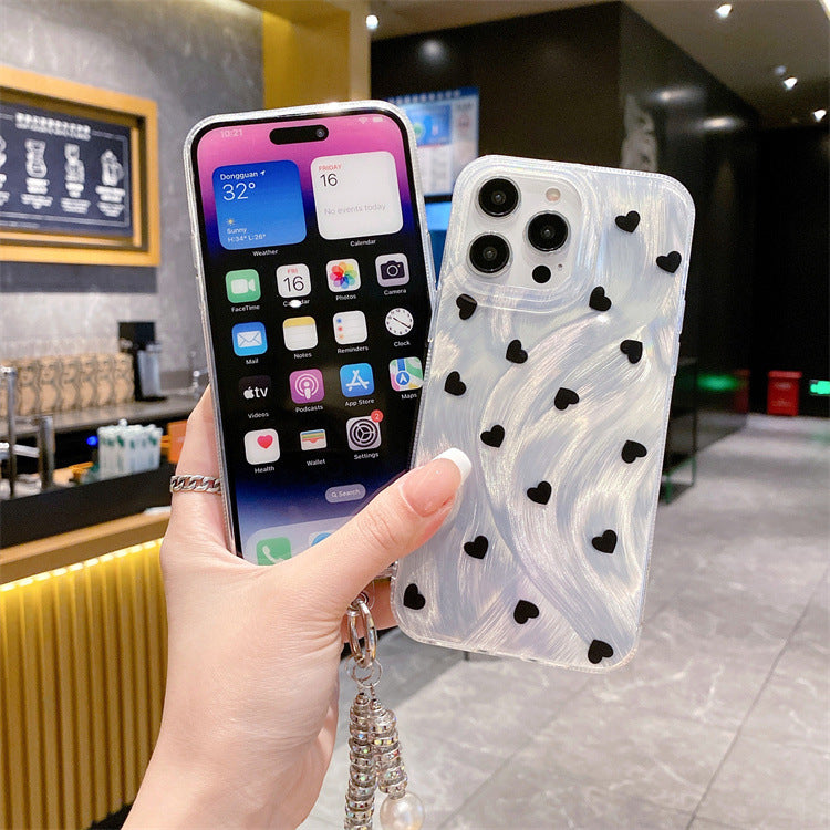 Feather yarn silver suitable for iphone16pro small heart protective case apple 12/14 pearl diamond chain hard protective case