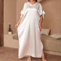 plus size women's solid color round neck bow slit maxi dress - loose fit robe, elegant and comfortable