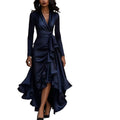 New european and american independent website style: cross-border satin v-neck, cinched waist, ruffle hem, elegant dress