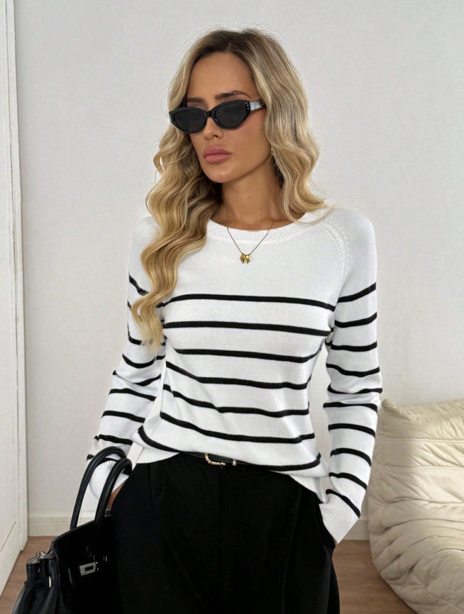 Striped knit base layer top - new spring collection, women's inner layer sweater, loose fit, slimming long sleeve top, stylish blouse