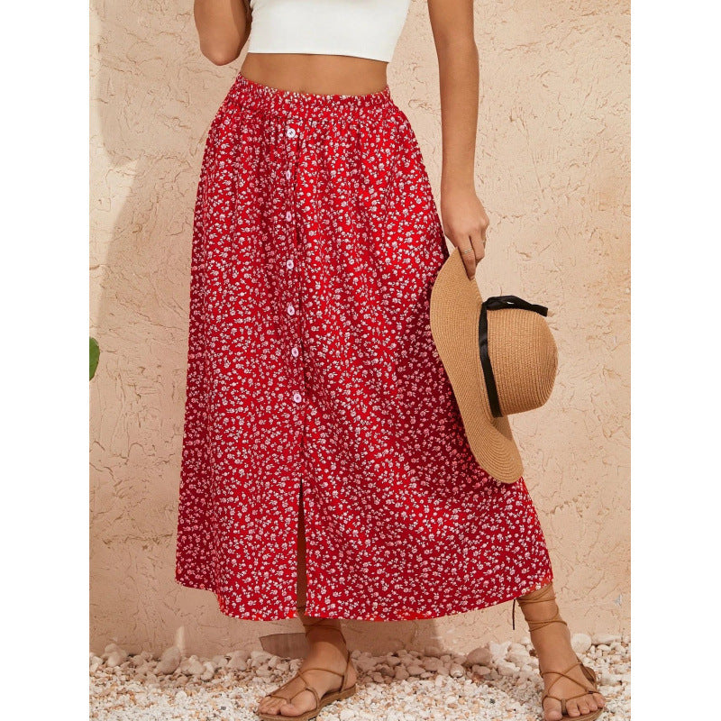 Shipped:  new cross-border european and american printed dress, button-down tie-up maxi skirt, summer country a-line skirt, midi skirt