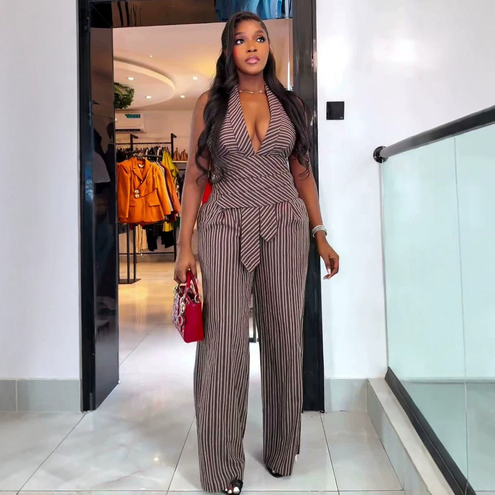 European and american cross-border women's fashion:  summer new collection - stylish v-neck striped sleeveless top and wide-leg pants set