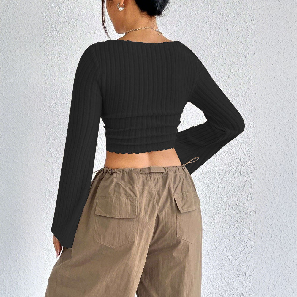 European and american cross-border  spring/summer new arrivals:  women's fashionable and elegant square neck flared long sleeve t-shirt top