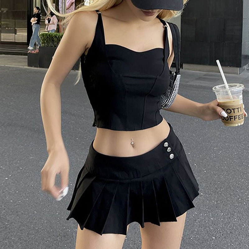 Solid color basic Spice Girl casual two-piece vest suspender button pleated skirt outer wear street fashion sports suit
