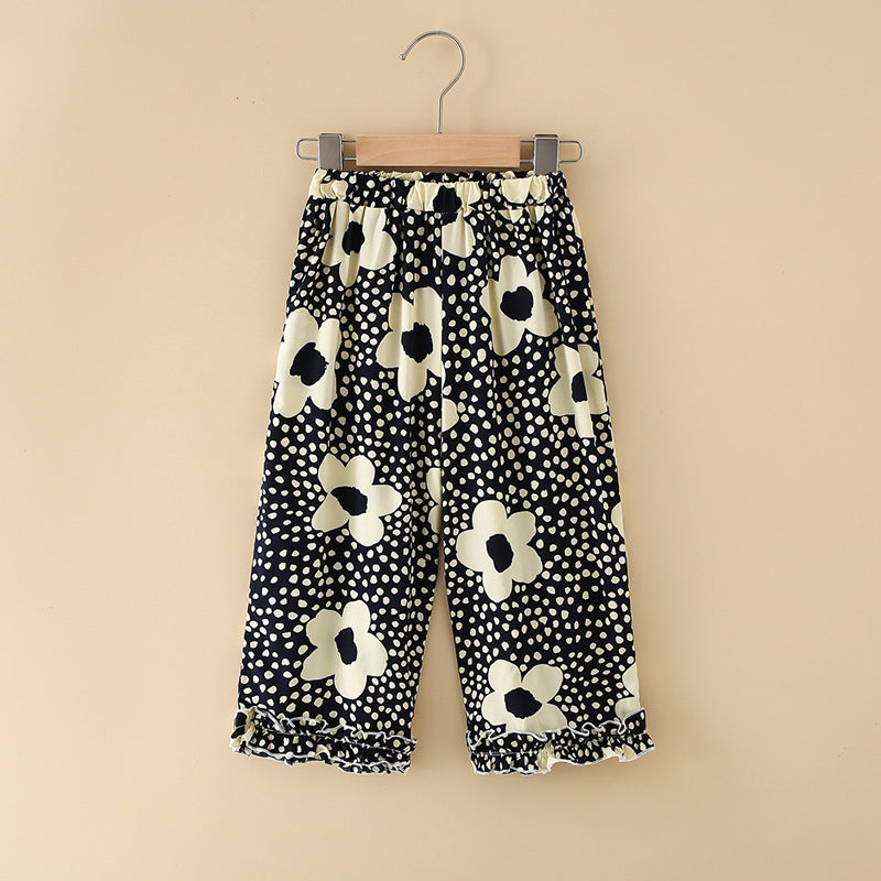Girls' rayon summer lightweight pajama pants - cartoon print, loose fit, breathable, can be worn outdoors, cropped length