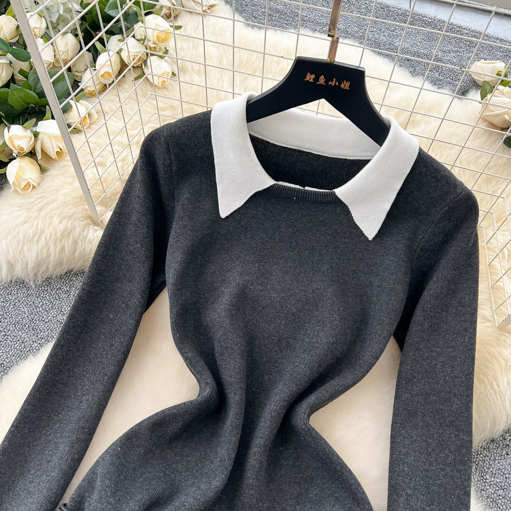 Preppy style retrosense of designfake two-piece knittingdressfemalefall and wintermatching belt silmpleated skirt