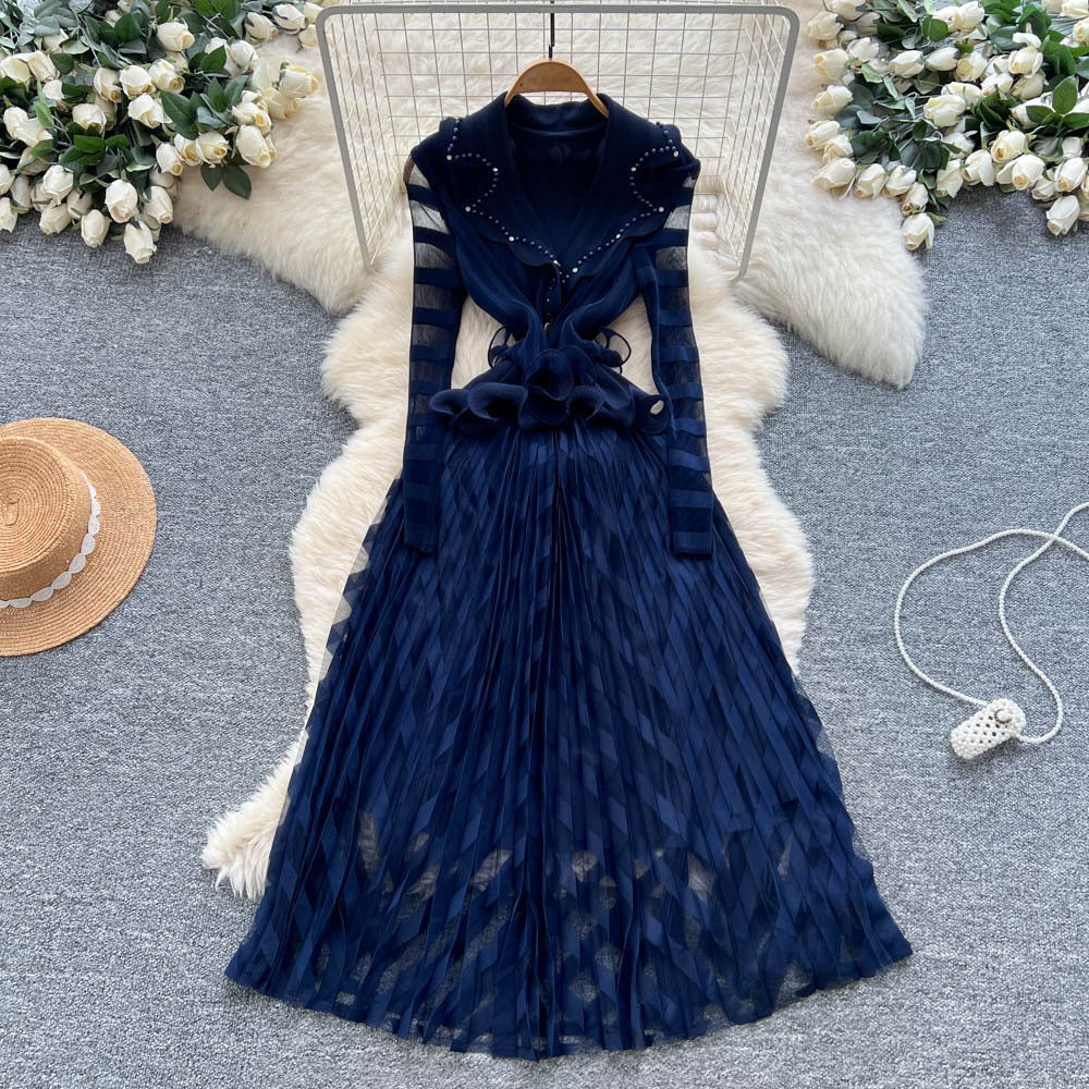 European and american fashion high-end elegant heavy beaded suit collar long sleeve cinched waist ruffle trim mesh panel dress for women