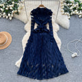 European and american fashion high-end elegant heavy beaded suit collar long sleeve cinched waist ruffle trim mesh panel dress for women