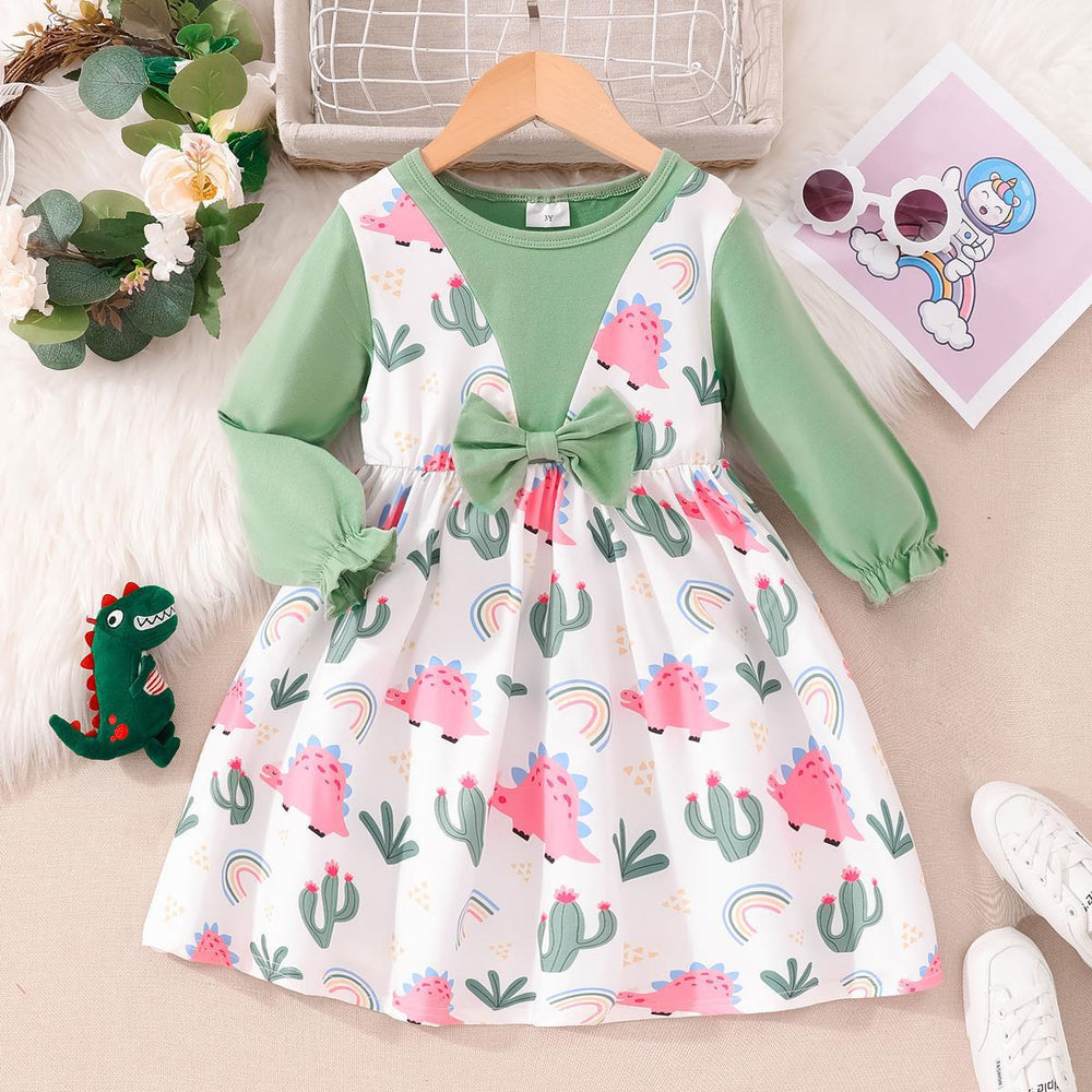 Children's long-sleeved round neck bow dress