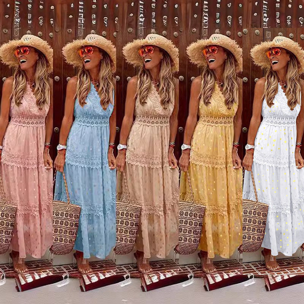Summer new arrivals: women's sexy deep v sleeveless chiffon dress - patchwork midi dress for  &