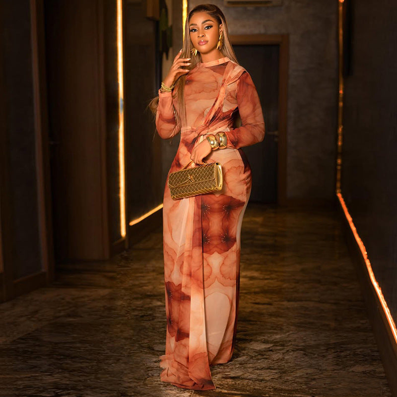 European and american style cross-border home wear retro elegant women's color block bodycon dress round neck socialite long sleeve autumn and winter dress