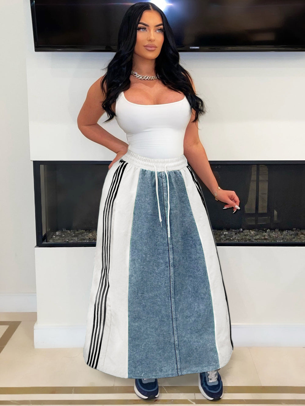 autumn new arrivals: european and american style women's fashion casual striped a-line loose denim color block midi skirt
