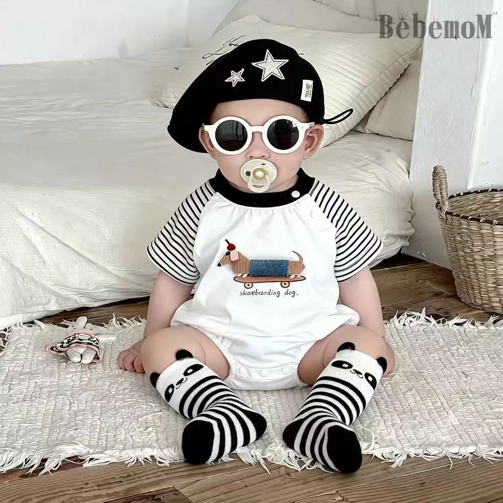 Summer jumpsuit short-sleeved stripes baby clothes full moon style khaki cartoon outing triangle bag butt clothes crawling suit