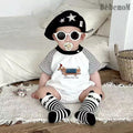 Summer jumpsuit short-sleeved stripes baby clothes full moon style khaki cartoon outing triangle bag butt clothes crawling suit