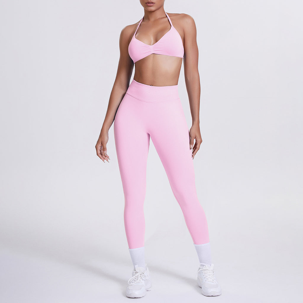 Spot solid color yoga clothes high waist peach hip sports trousers suspenders beautiful back neck bra fitness yoga set