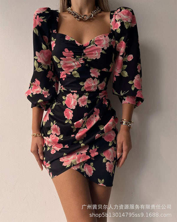 New 2022 women's clothing European and American new square neck floral dress
