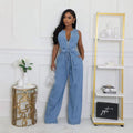 Fashion cross-border   tight waist silm elastic washed denim jumpsuit straight-legloose jumpsuit
