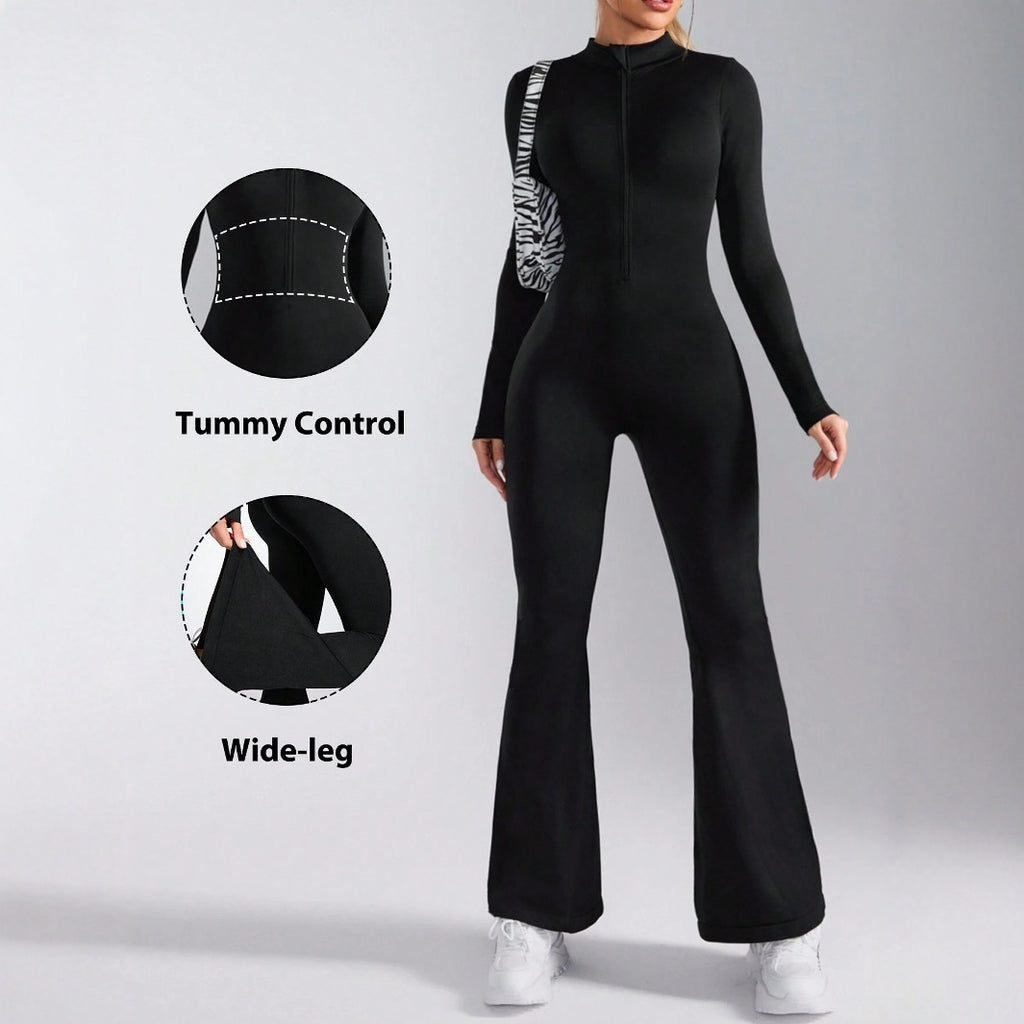 Pre-sale black stand-up collar waist and hip lift front zipper onesie women's thin flared trouser legs elastic onesie