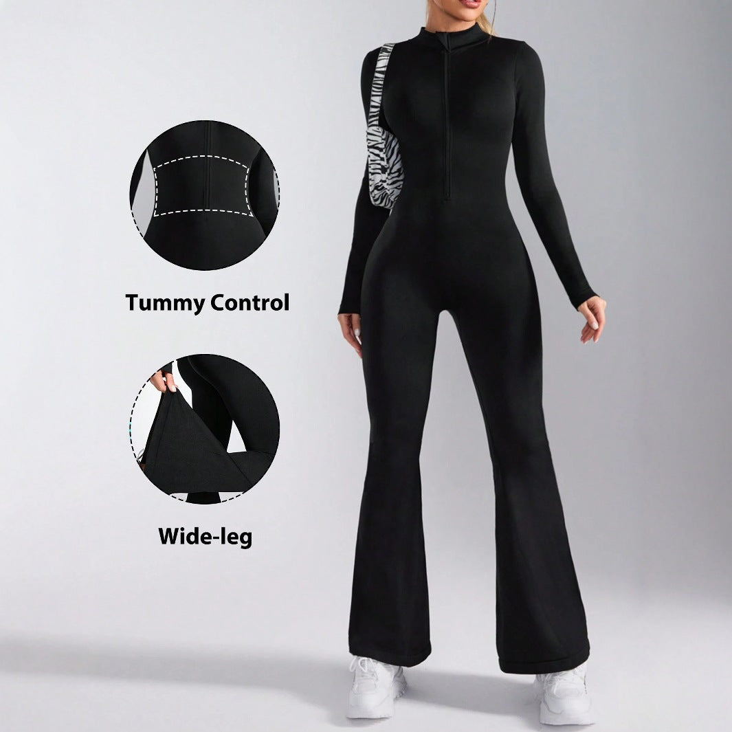 Pre-sale black stand-up collar waist and hip lift front zipper onesie women's thin flared trouser legs elastic onesie