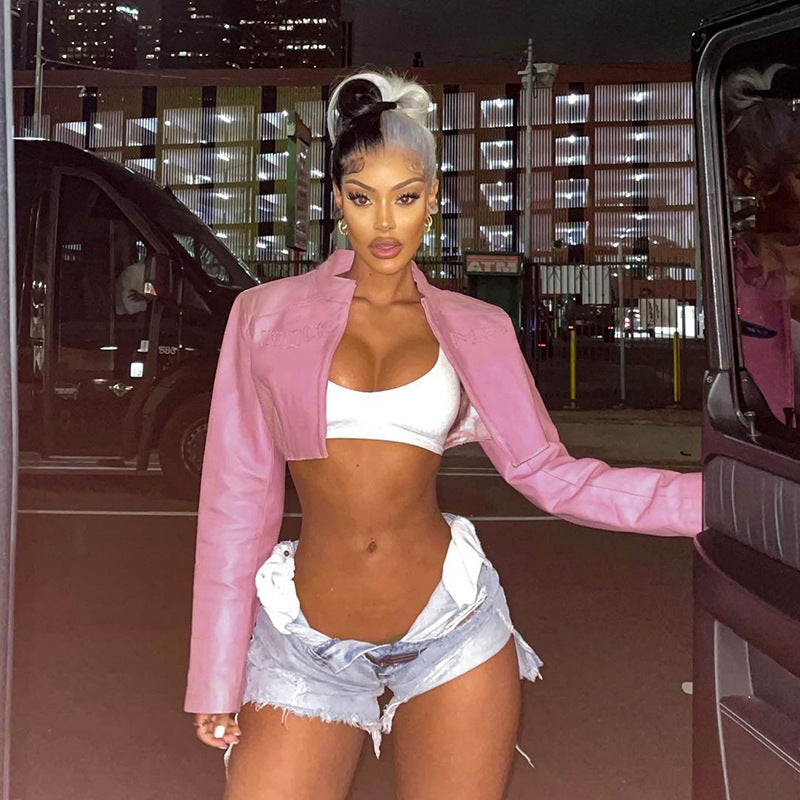 C25671 European and American sexy babes locomotive style pink basic coat baseball jacket top fashion women's autumn
