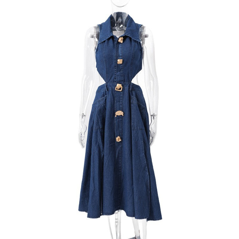 Chic hong kong style retro denim dress - women's designer button-down hollow-out slim fit midi dress with slit and knee-length design