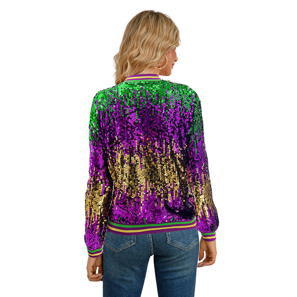 10345 Cross-border European and American  long-sleeved cardigan stand-up collar sequined spring and autumn women's baseball jacket