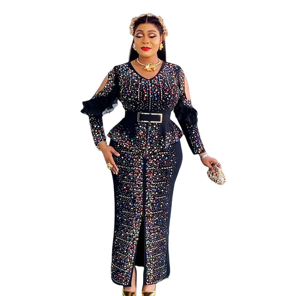 supply hot diamond beading off-shoulder long sleeves waist slit long skirt v neck african long skirt dress
