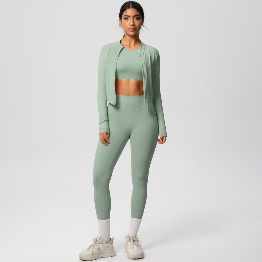 European and american style solid color seamless brushed yoga set - tight-fitting, quick-drying, butt-lifting workout running fitness three-piece set