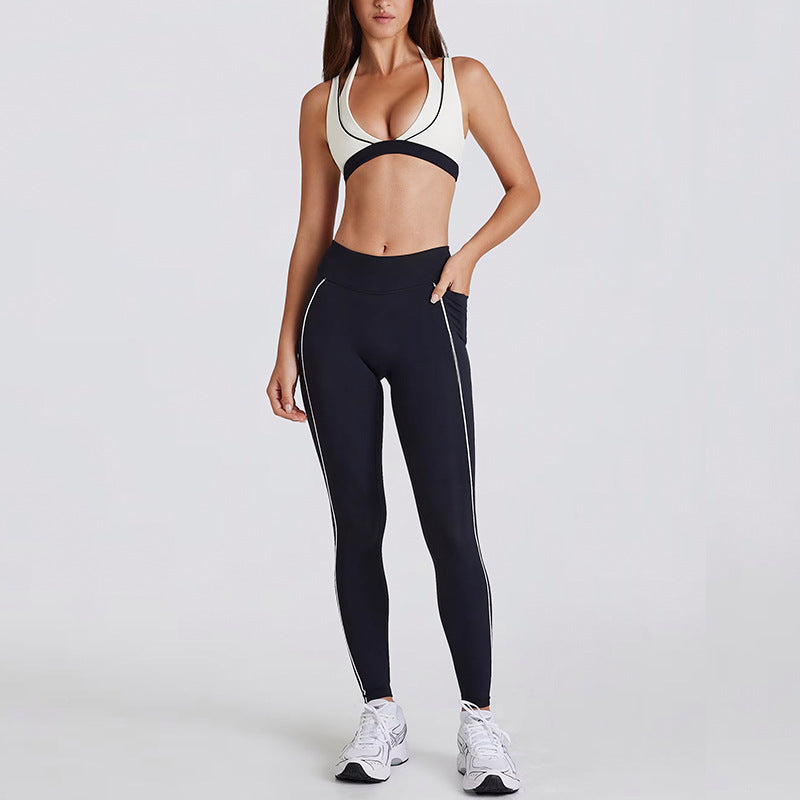 fake two-piececontrast color white striped running fitness shorts v neckhalter sports intimates bra yoga suit