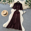 Korean style commute hollow-out green a-line dress - women's summer short sleeve high-waisted button-down elegant knit dress