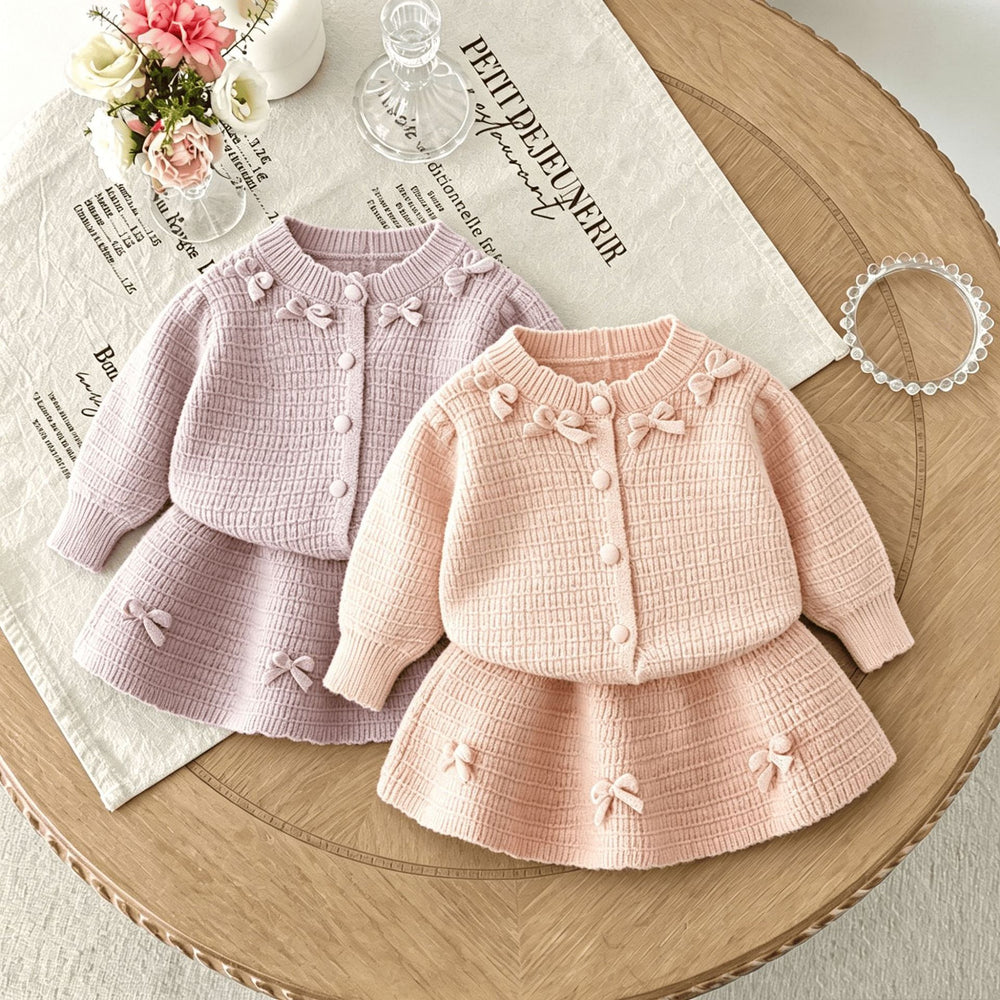 Girls' knit sweater set - new  bow accent color block cardigan top - spring/autumn three-piece sweater outfit