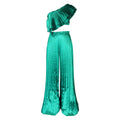 C8518export women's clothing slanted shoulder backless ruffles sexytops pleated wide-leg pants suitfashiontwo-piece set