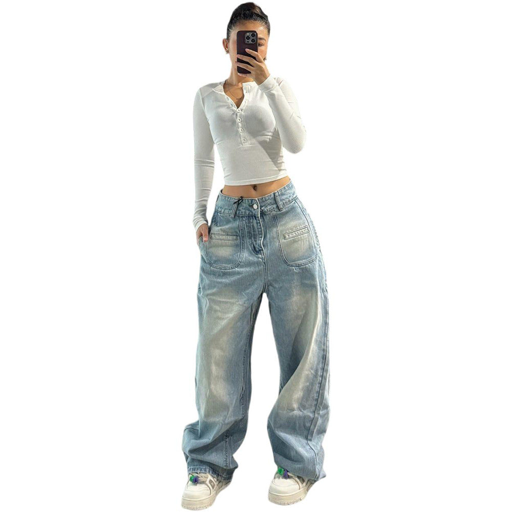 European and american style high-waisted straight-leg jeans -  cross-border women's fashion autumn trend tie-dye wide-leg pants