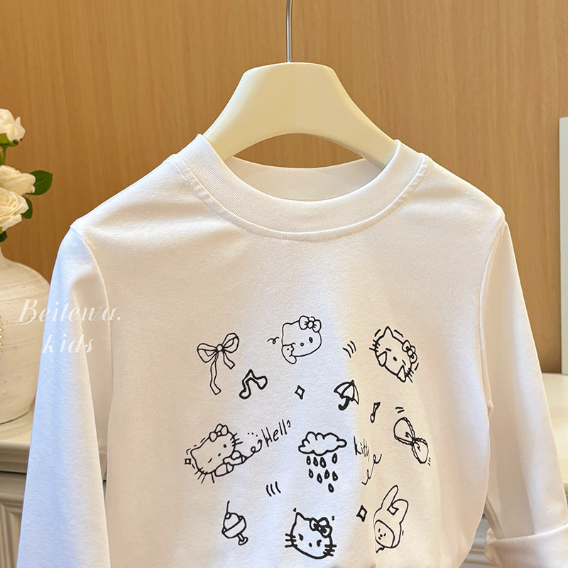 New arrivalkidsspring & fallcute lazy cartoon kitten long sleeves bottom sweatshirt baby girl casuallong sleeves t-shirt children's clothing