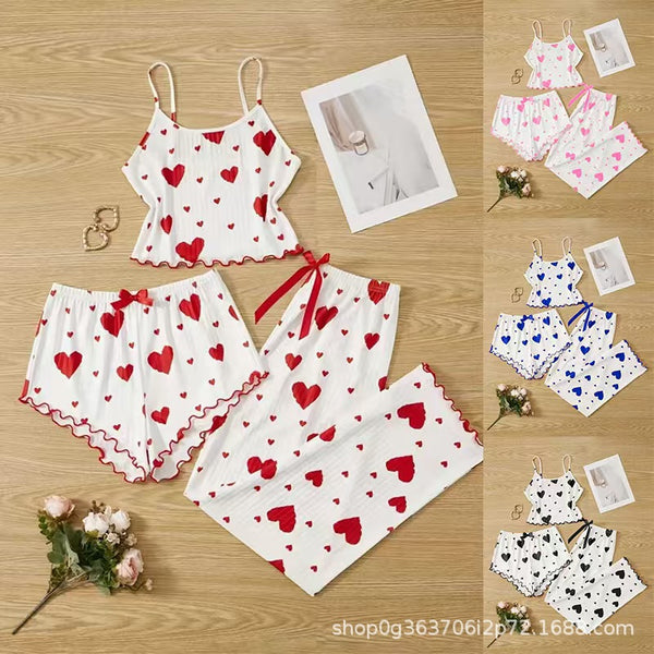 Foreign trade loungewear set, sweet suspender three-piece set, European and American summer pit strips, love printing short trousers, pajamas for women