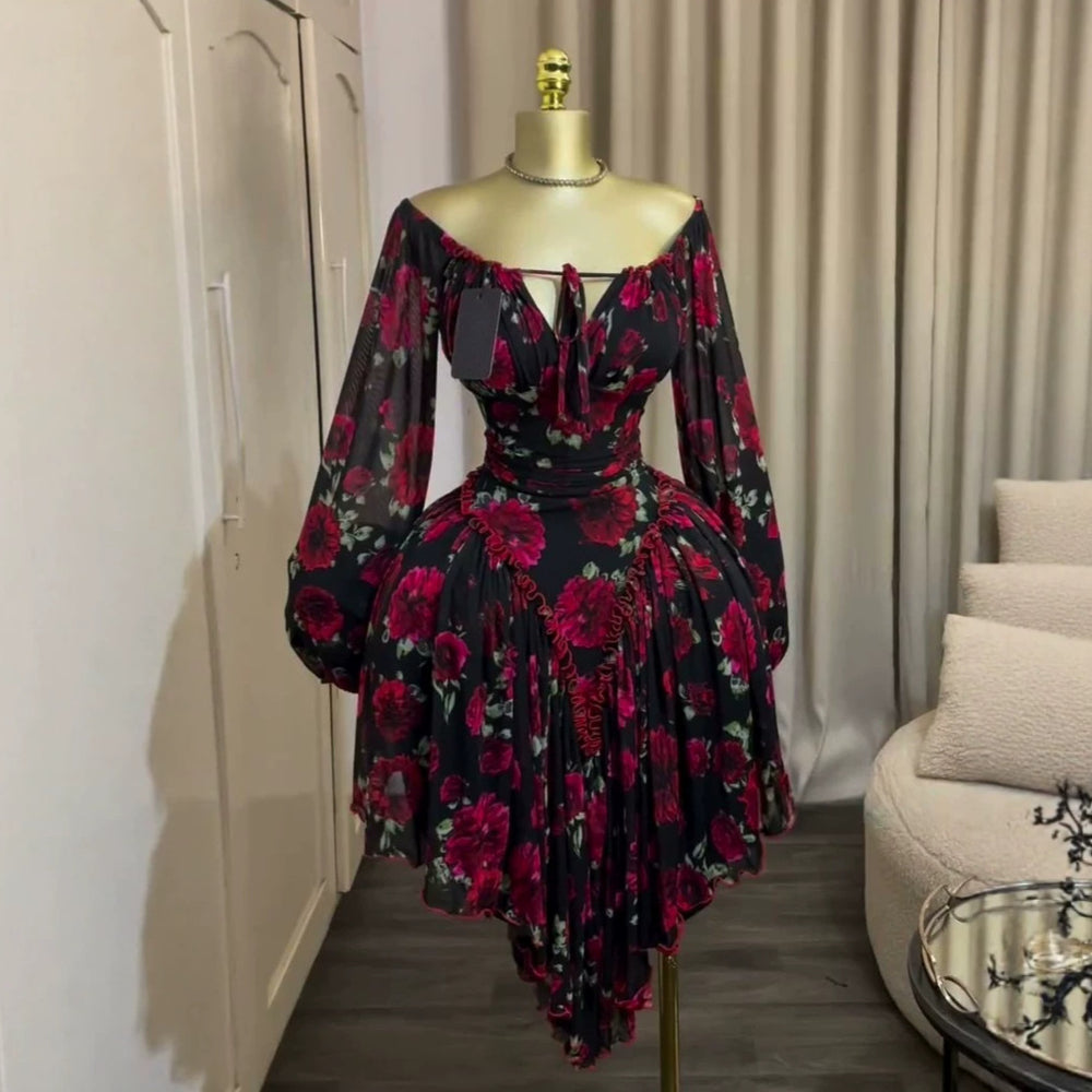 European and american cross-border women's fashion:  summer new arrivals - sexy, elegant, tie-up, printed, slim-fit, asymmetrical mini dress